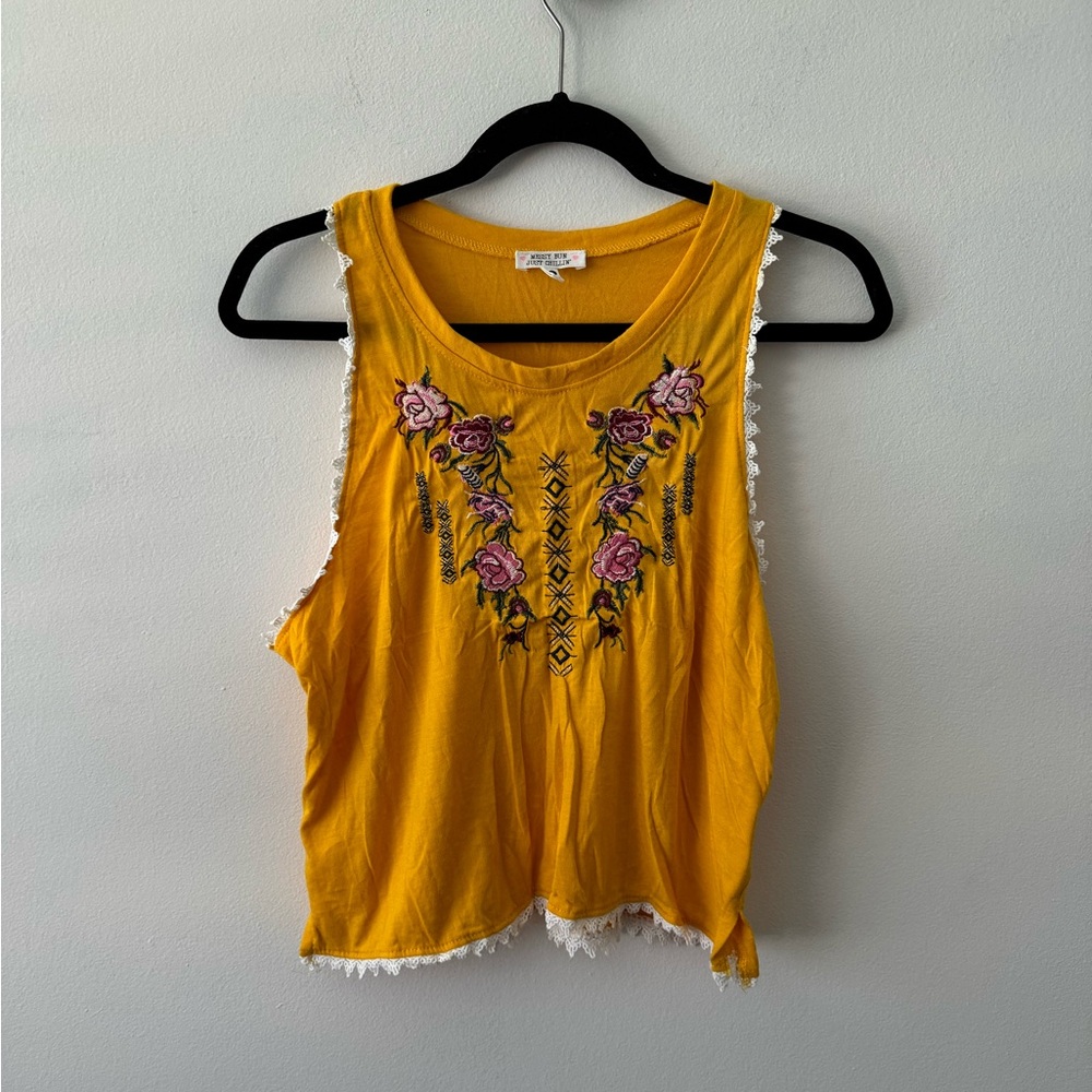 Anthropologie Yellow Embroidered Sleeveless Top